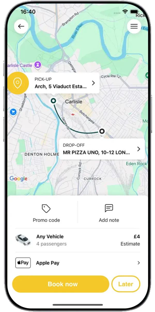ABC Taxis app booking screen